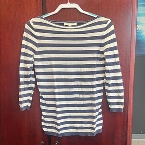 LOFT Navy and White Striped Boatneck Long Sleeve Top